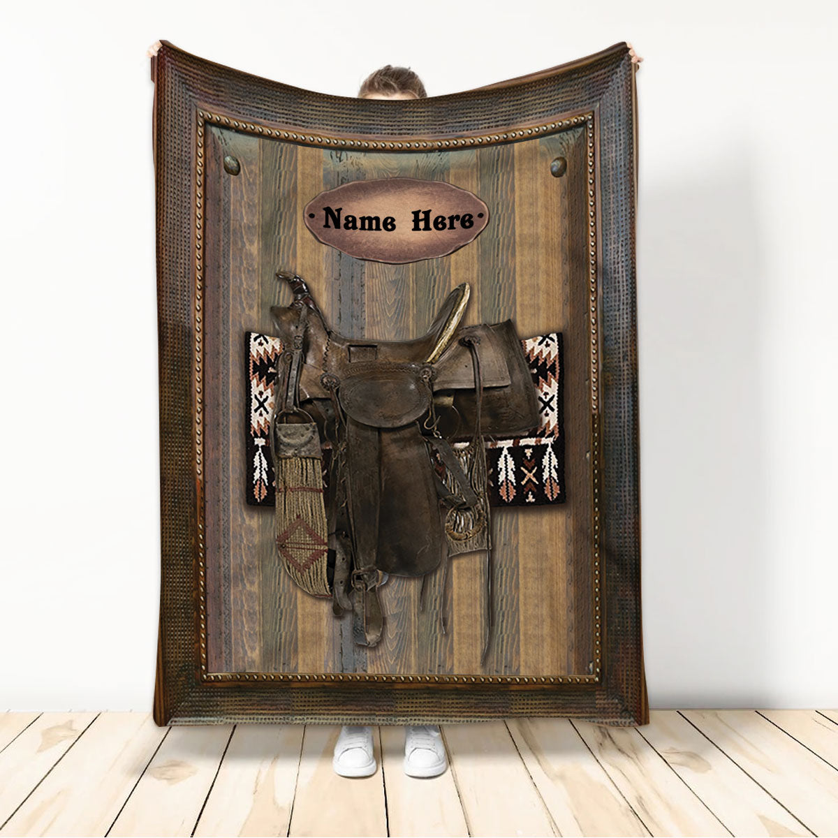 Ohaprints-Fleece-Sherpa-Blanket-Horse-Lover-Saddle-Western-Gift-For-Cowboy-Cowgirl-Custom-Personalized-Name-Soft-Throw-Blanket-643-Sherpa Blanket