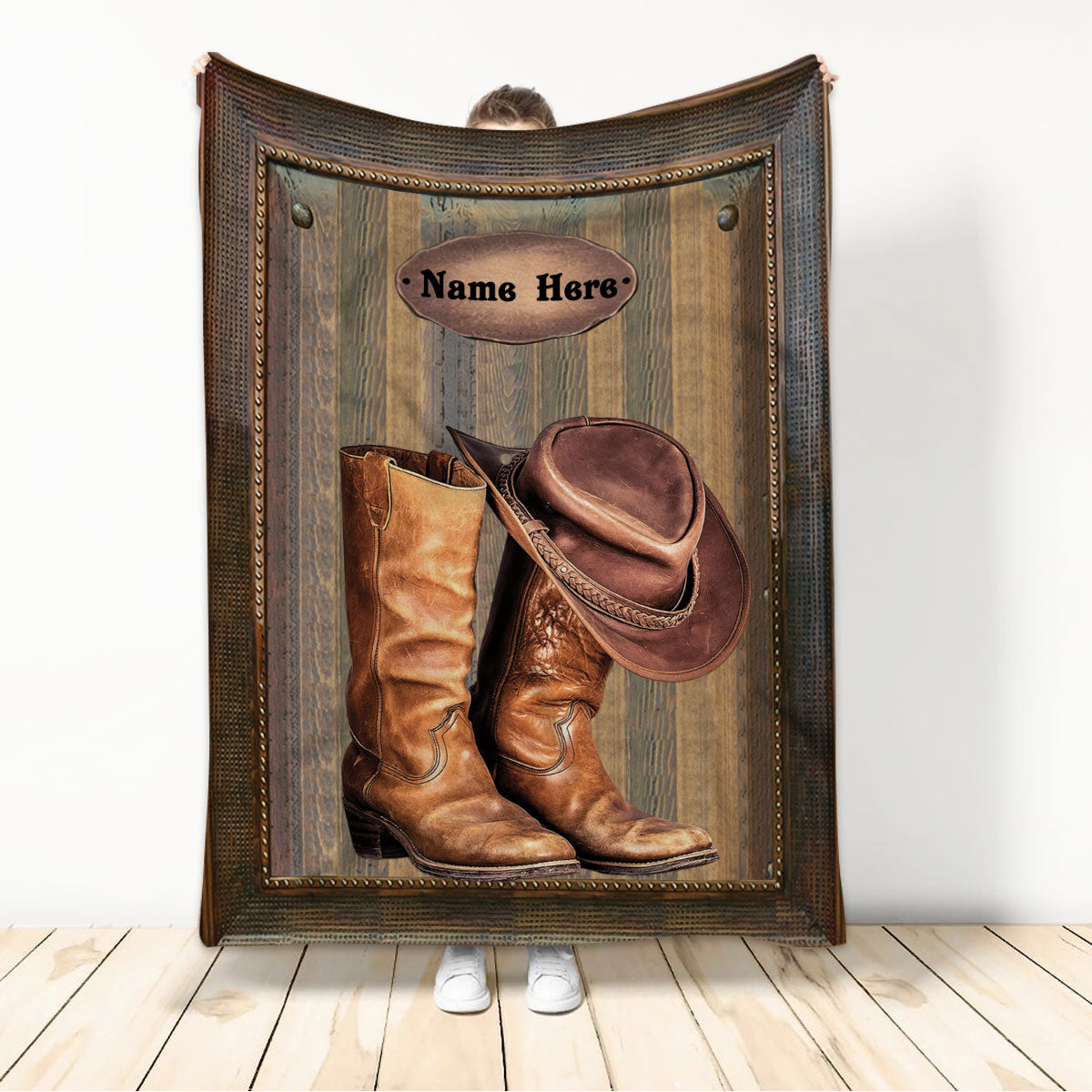 Ohaprints-Fleece-Sherpa-Blanket-Horse-Lover-Western-Cowboy-Cowgirl-Hat-&-Boots-Custom-Personalized-Name-Soft-Throw-Blanket-644-Sherpa Blanket