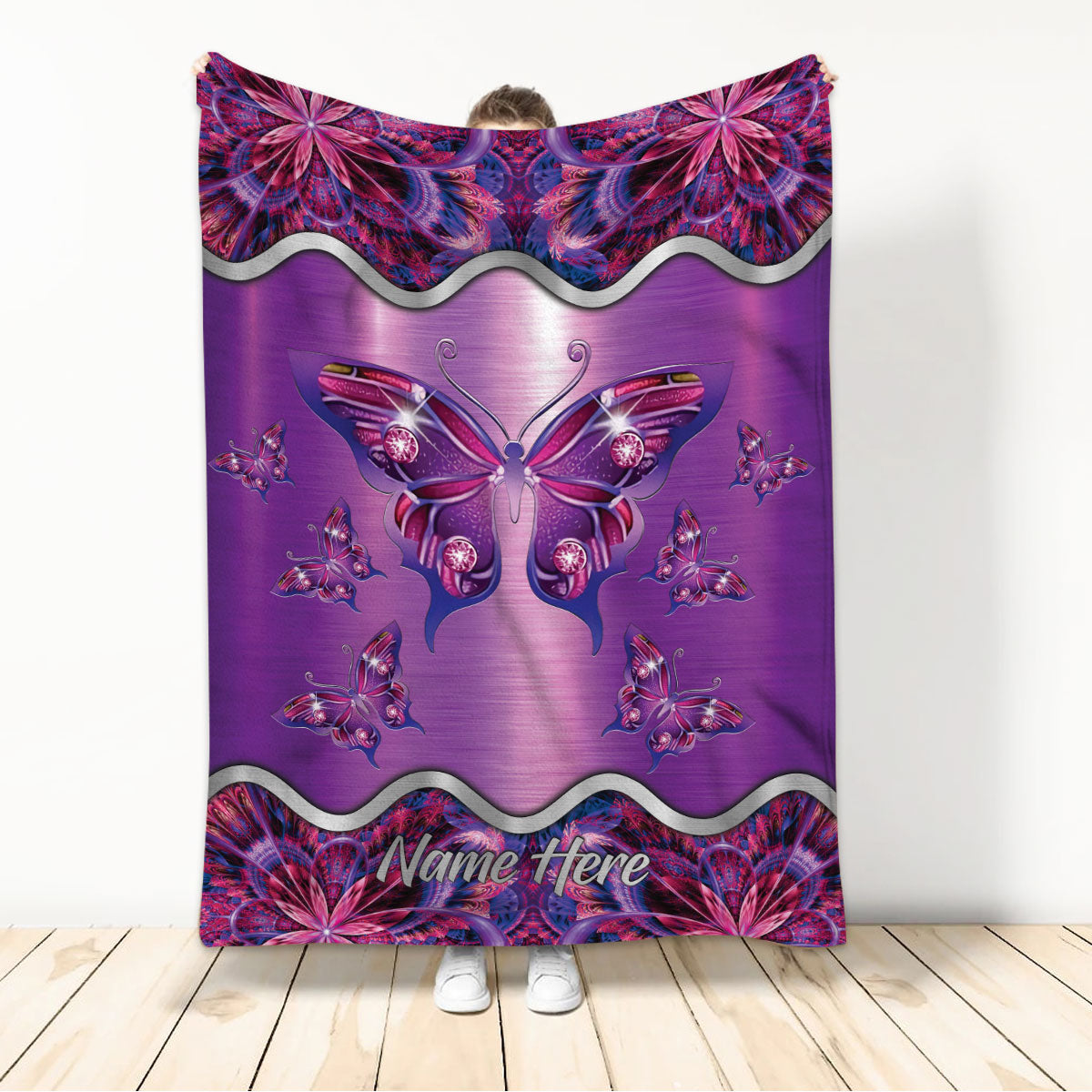 Ohaprints-Fleece-Sherpa-Blanket-Butterfly-Butterflies-Pink-Floral-Mandala-Pattern-Custom-Personalized-Name-Soft-Throw-Blanket-708-Sherpa Blanket