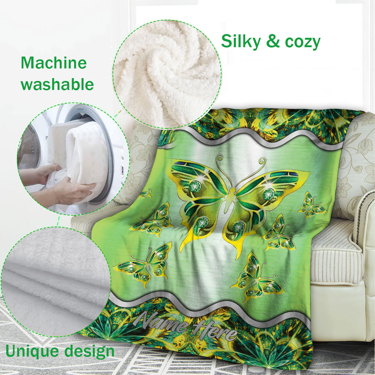 Ohaprints-Fleece-Sherpa-Blanket-Butterfly-Butterflies-Green-Floral-Mandala-Pattern-Custom-Personalized-Name-Soft-Throw-Blanket-709-Fleece Blanket