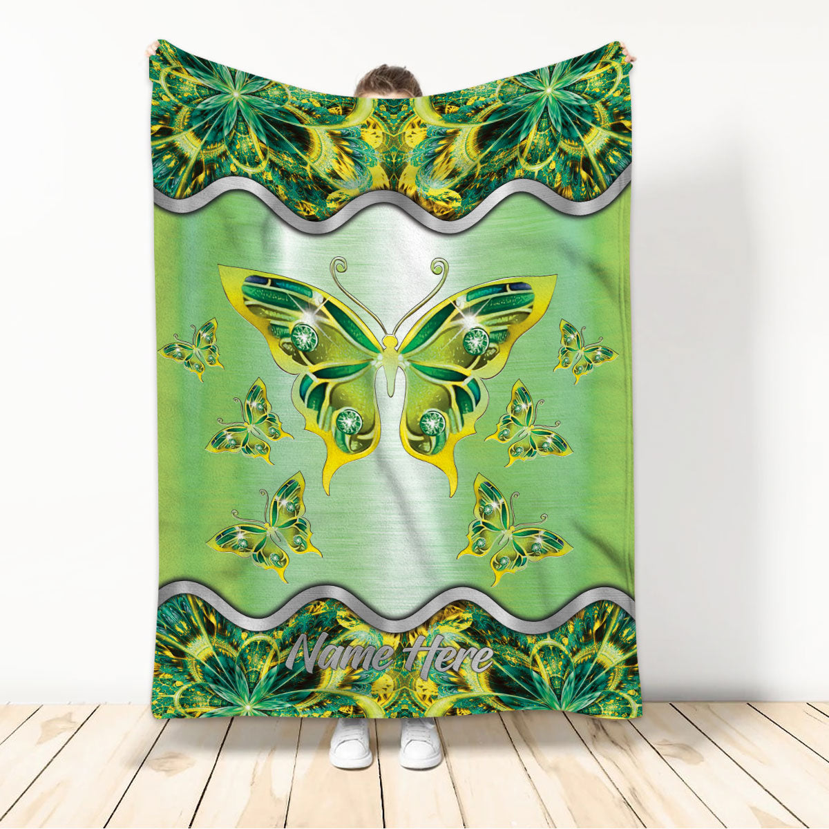 Ohaprints-Fleece-Sherpa-Blanket-Butterfly-Butterflies-Green-Floral-Mandala-Pattern-Custom-Personalized-Name-Soft-Throw-Blanket-709-Sherpa Blanket