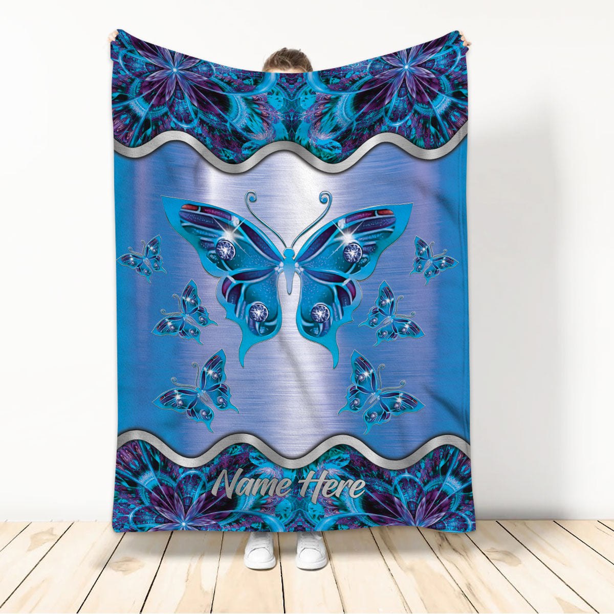 Ohaprints-Fleece-Sherpa-Blanket-Butterfly-Butterflies-Blue-Floral-Mandala-Pattern-Custom-Personalized-Name-Soft-Throw-Blanket-710-Sherpa Blanket