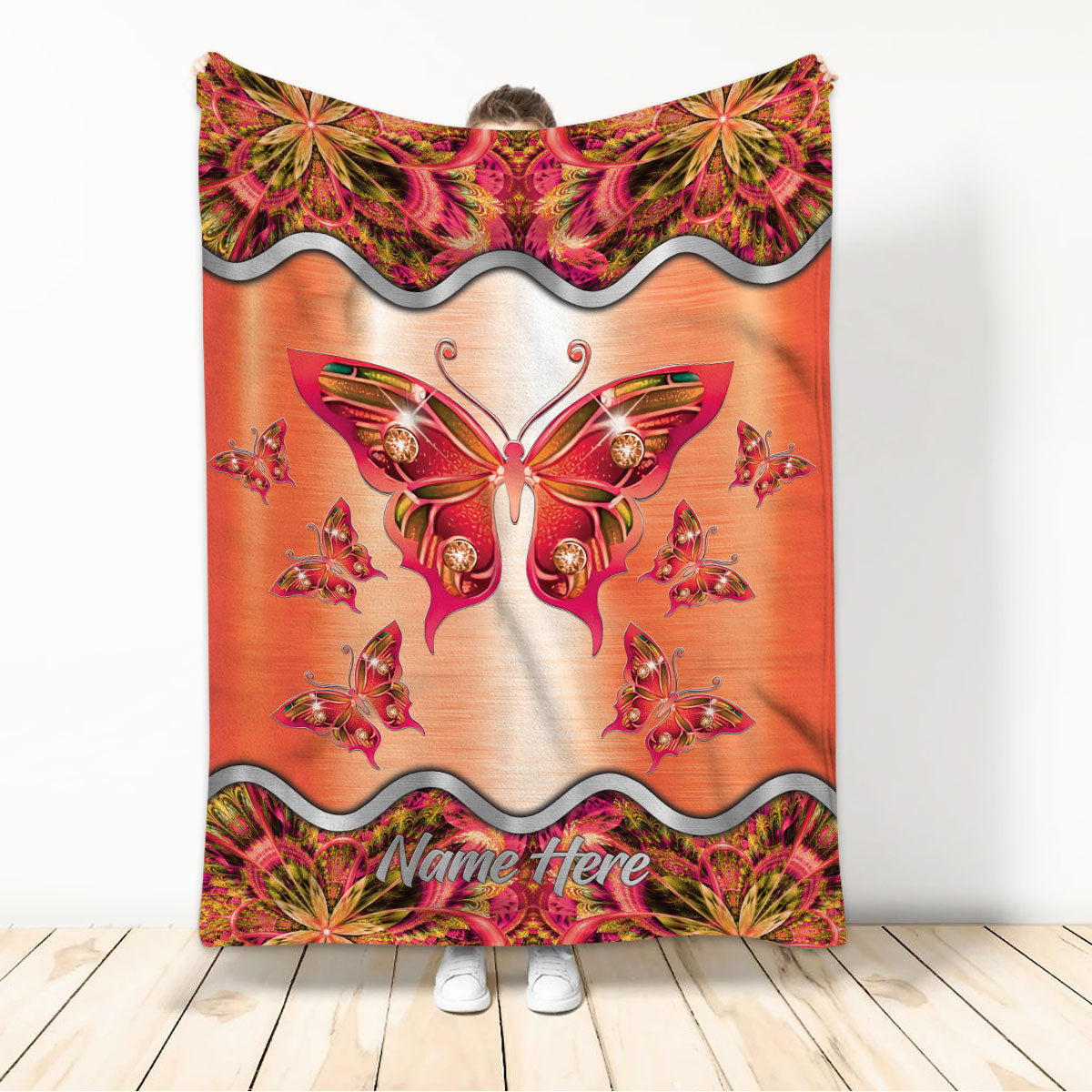 Ohaprints-Fleece-Sherpa-Blanket-Butterfly-Butterflies-Red-Floral-Mandala-Pattern-Custom-Personalized-Name-Soft-Throw-Blanket-1124-Sherpa Blanket