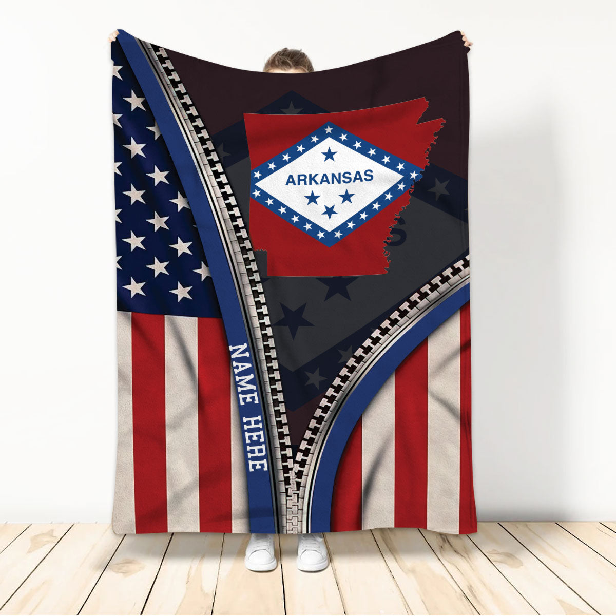 Ohaprints-Fleece-Sherpa-Blanket-United-States-American-Flag-&-Arkansas-State-Flag-Custom-Personalized-Name-Soft-Throw-Blanket-1127-Sherpa Blanket