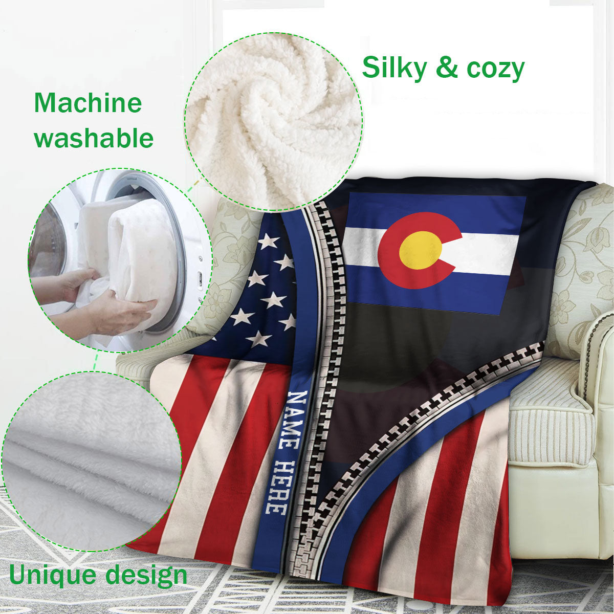 Ohaprints-Fleece-Sherpa-Blanket-United-States-American-Flag-&-Colorado-State-Flag-Custom-Personalized-Name-Soft-Throw-Blanket-505-Fleece Blanket