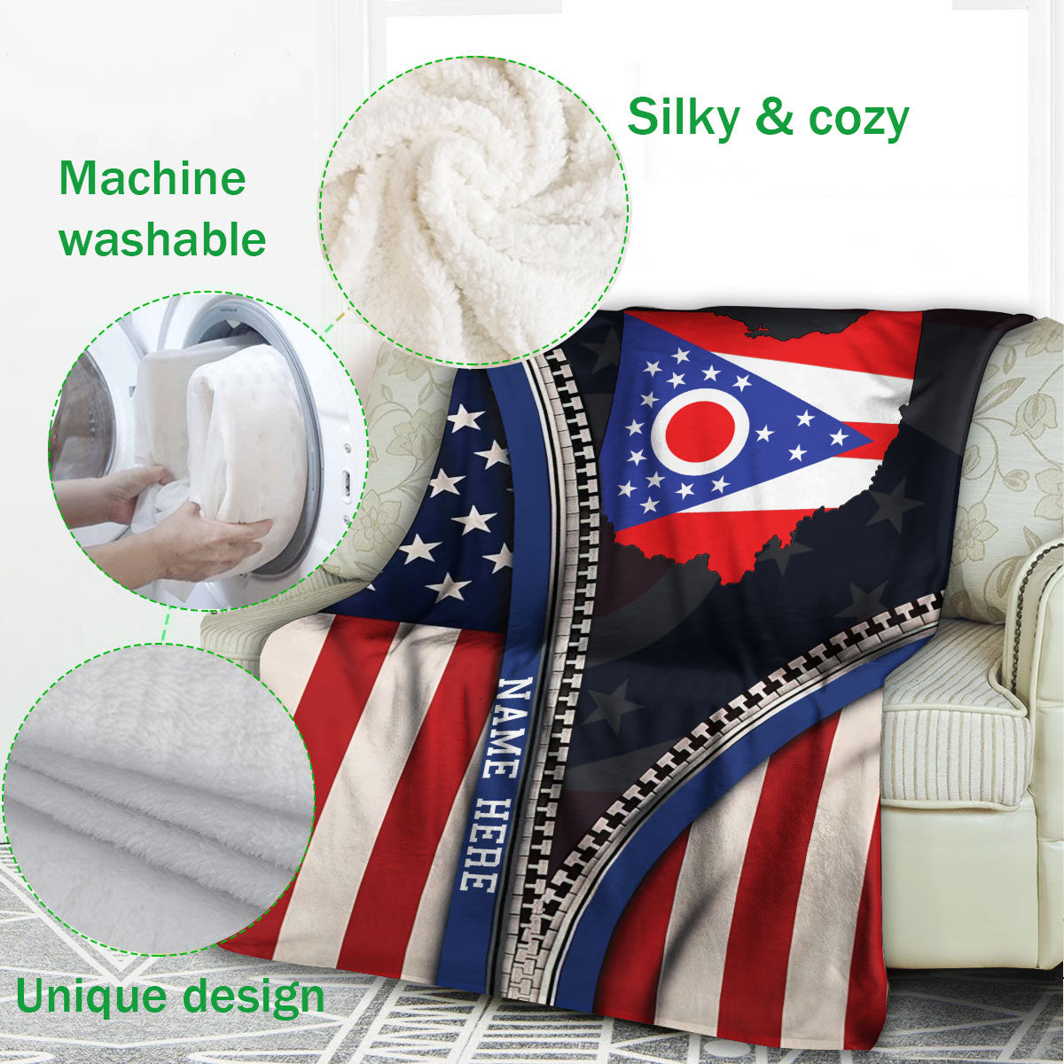 Ohaprints-Fleece-Sherpa-Blanket-United-States-American-Flag-&-Ohio-State-Flag-Custom-Personalized-Name-Soft-Throw-Blanket-549-Fleece Blanket