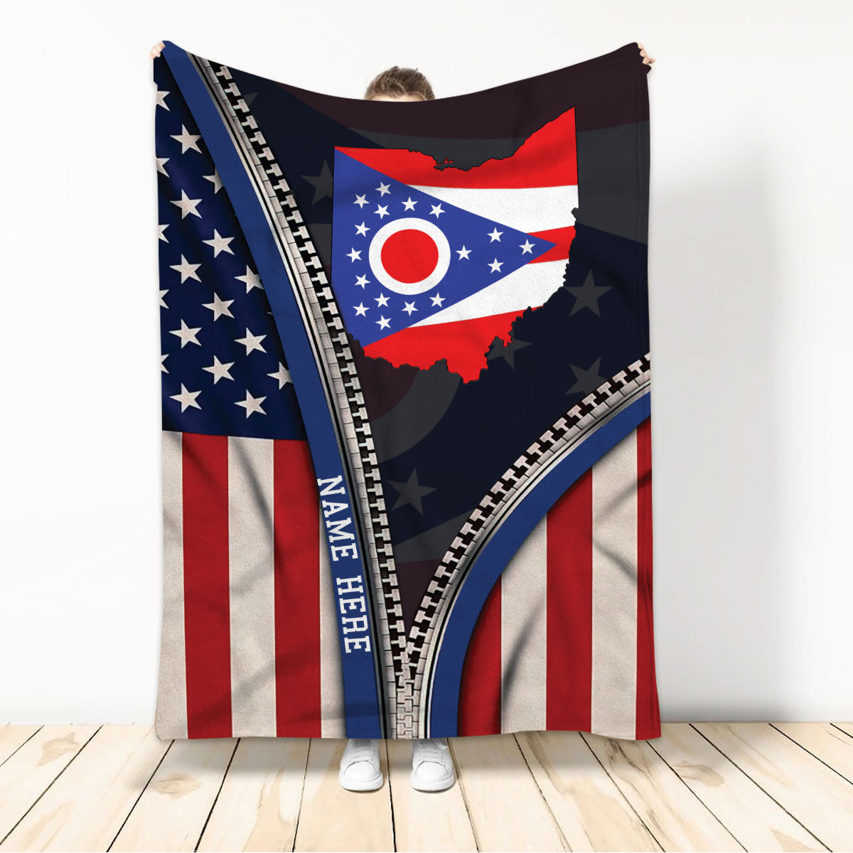 Ohaprints-Fleece-Sherpa-Blanket-United-States-American-Flag-&-Ohio-State-Flag-Custom-Personalized-Name-Soft-Throw-Blanket-549-Sherpa Blanket