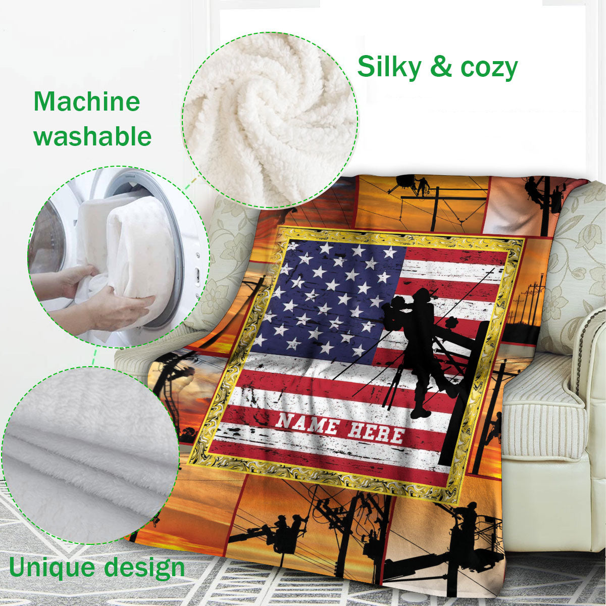 Ohaprints-Fleece-Sherpa-Blanket-America-Us-Flag-Patriotic-Electrician-Lineman-Gift-Custom-Personalized-Name-Soft-Throw-Blanket-424-Fleece Blanket