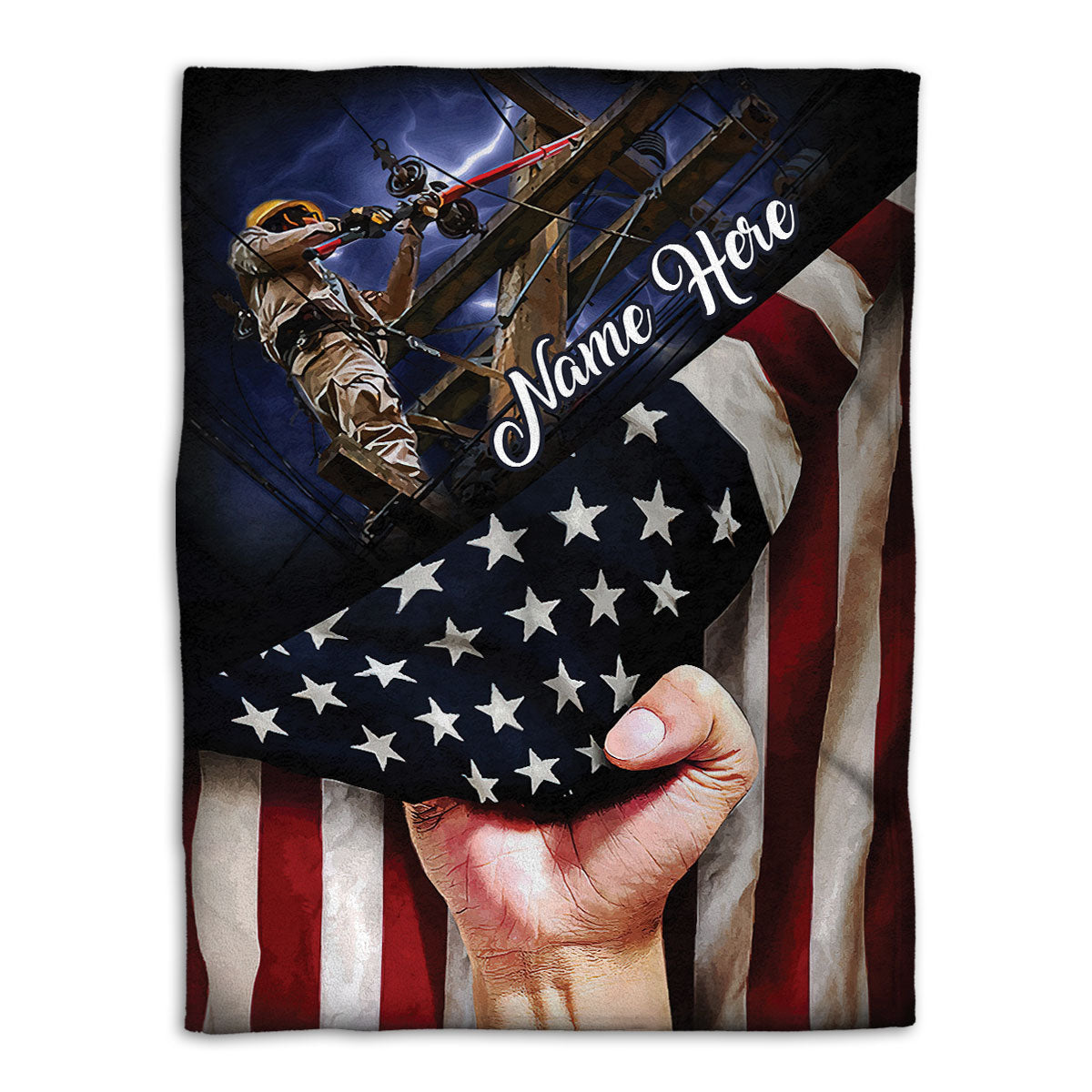 Ohaprints-Fleece-Sherpa-Blanket-Electrician-Lineman-Us-America-Flag-Patriotic-Gift-Custom-Personalized-Name-Soft-Throw-Blanket-339-Fleece Blanket