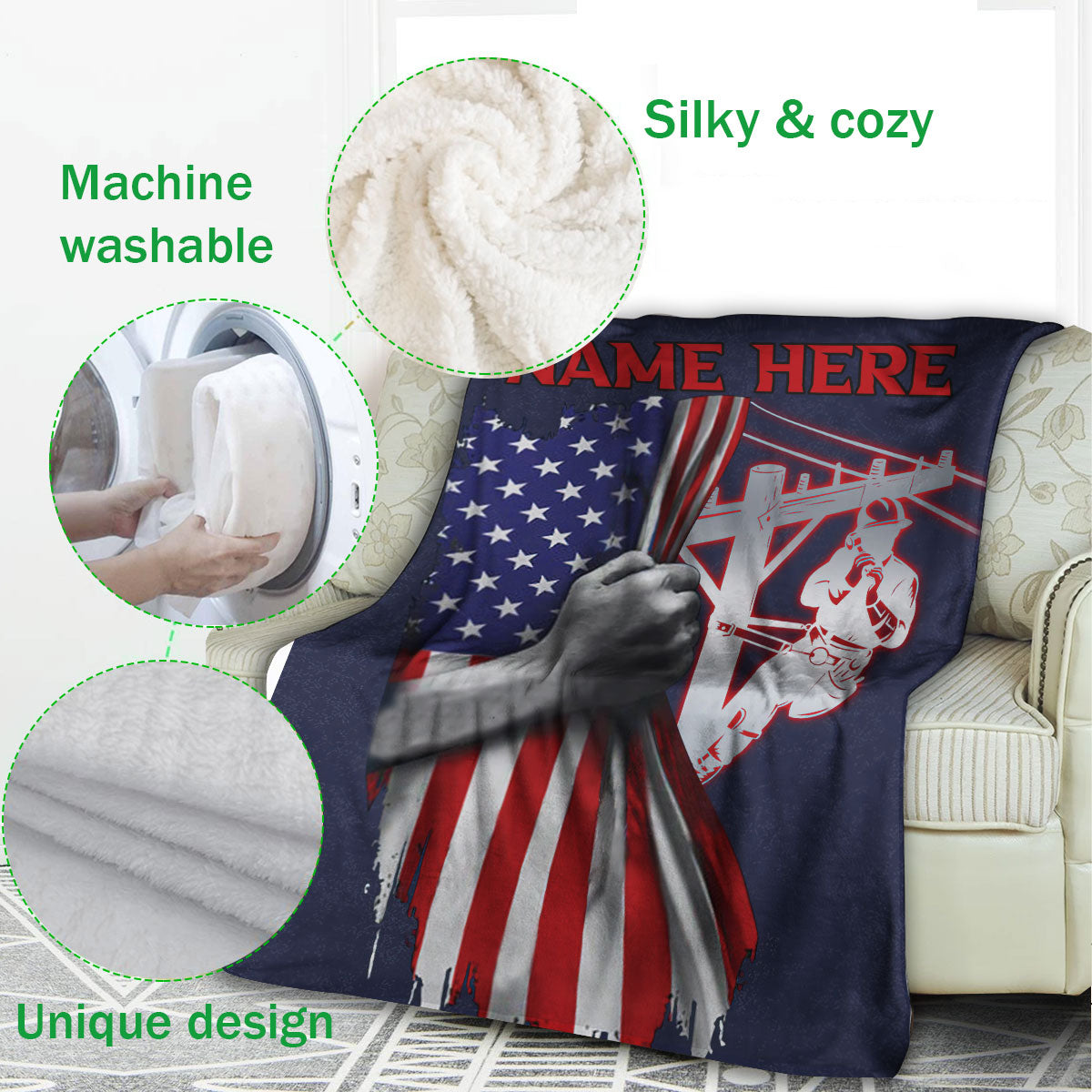 Ohaprints-Fleece-Sherpa-Blanket-Lineman-Electrician-Patriotic-Us-America-Flag-Gift-Custom-Personalized-Name-Soft-Throw-Blanket-1142-Fleece Blanket