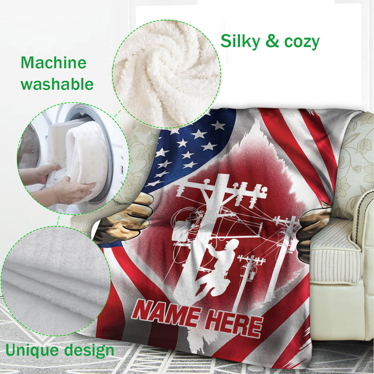 Ohaprints-Fleece-Sherpa-Blanket-Lineman-Electrician-Us-America-Flag-Patriotic-Gift-Custom-Personalized-Name-Soft-Throw-Blanket-551-Fleece Blanket