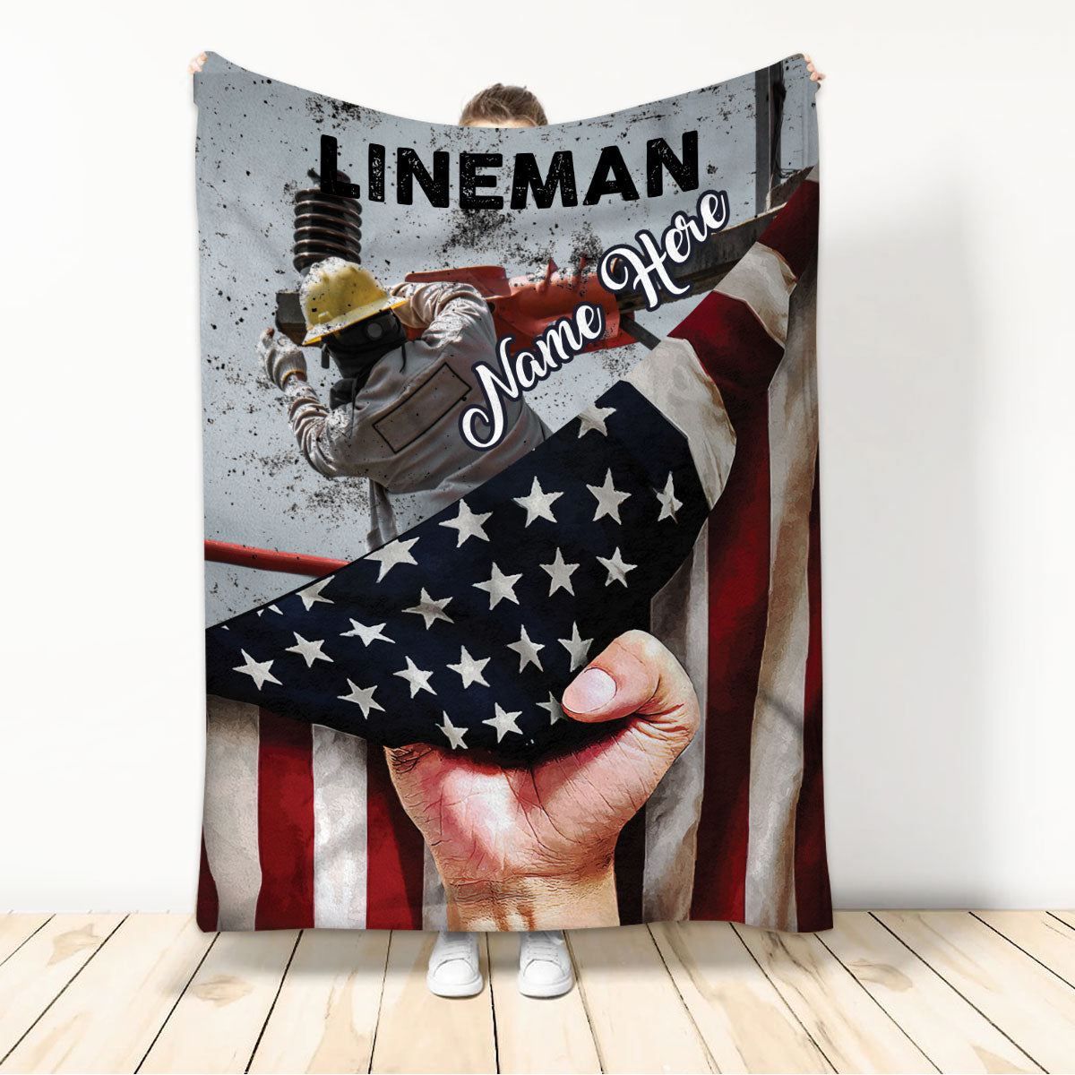 Ohaprints-Fleece-Sherpa-Blanket-Electrician-Lineman-American-Flag-Patriotic-Gift-Custom-Personalized-Name-Soft-Throw-Blanket-716-Sherpa Blanket