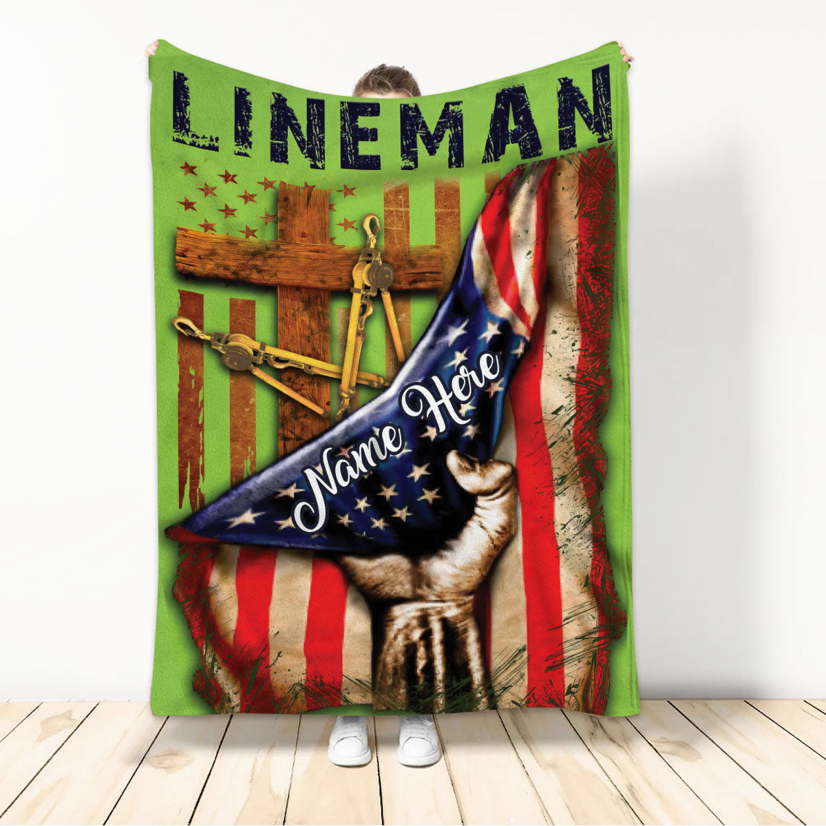 Ohaprints-Fleece-Sherpa-Blanket-America-Us-Flag-Electrician-Lineman-Patriotic-Gift-Custom-Personalized-Name-Soft-Throw-Blanket-717-Sherpa Blanket