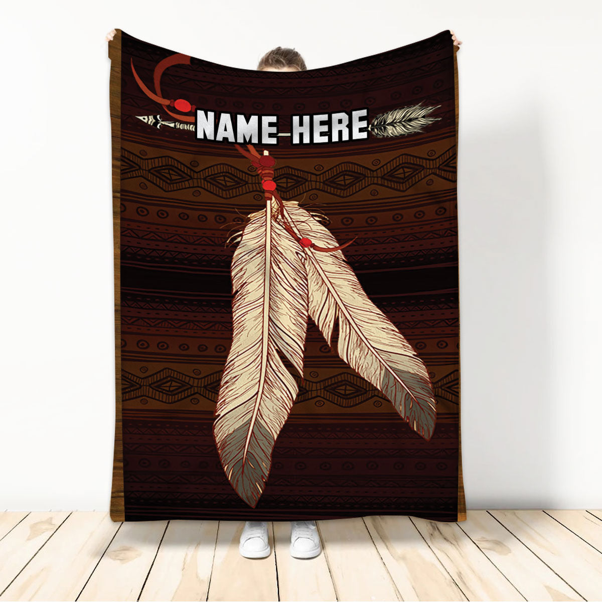 Ohaprints-Fleece-Sherpa-Blanket-Native-American-Feather-Tribal-Boho-Pattern-Custom-Personalized-Name-Soft-Throw-Blanket-409-Sherpa Blanket