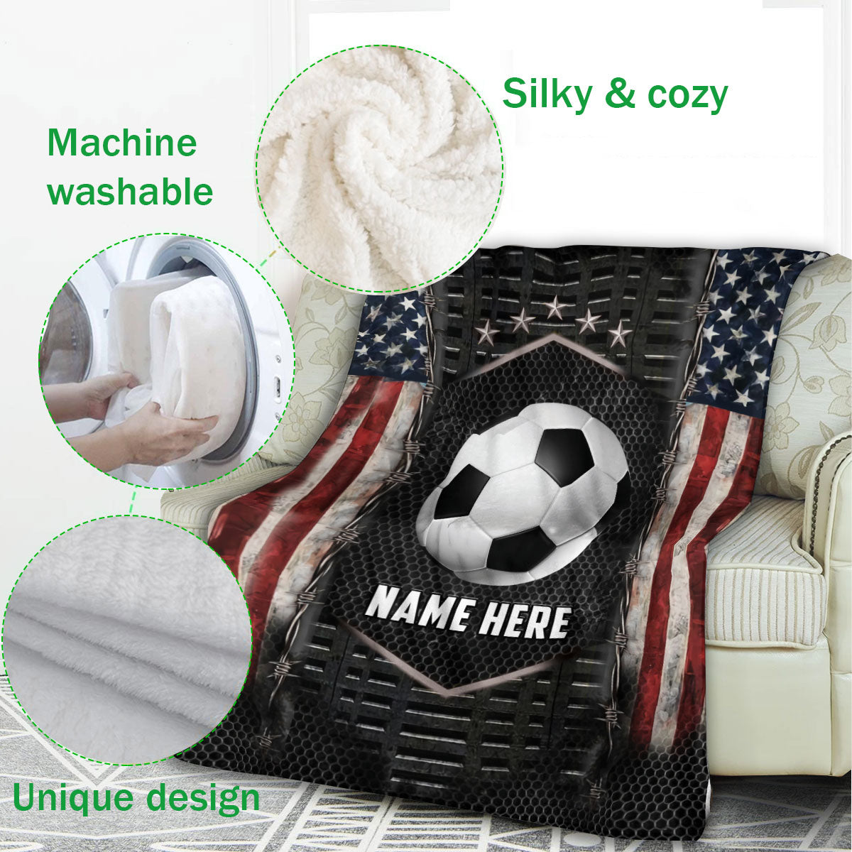 Ohaprints-Fleece-Sherpa-Blanket-Soccer-American-Flag-Sport-Lover-Gift-Custom-Personalized-Name-Soft-Throw-Blanket-1083-Fleece Blanket