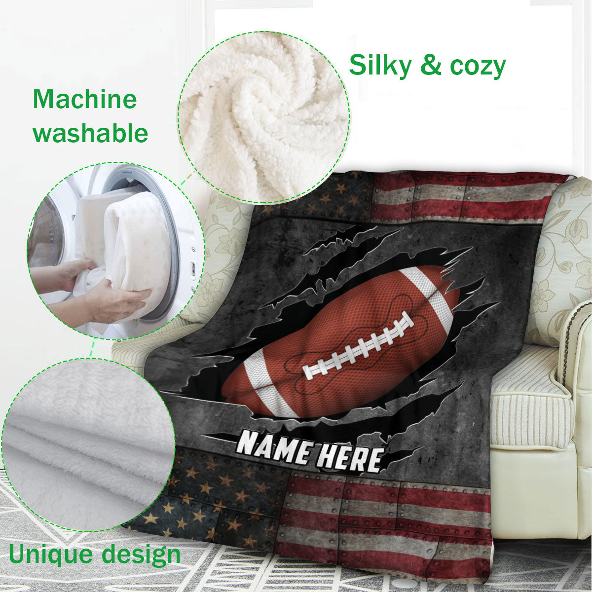 Ohaprints-Fleece-Sherpa-Blanket-American-Football-Gift-For-Son-Boy-Men-Custom-Personalized-Name-Soft-Throw-Blanket-1088-Fleece Blanket