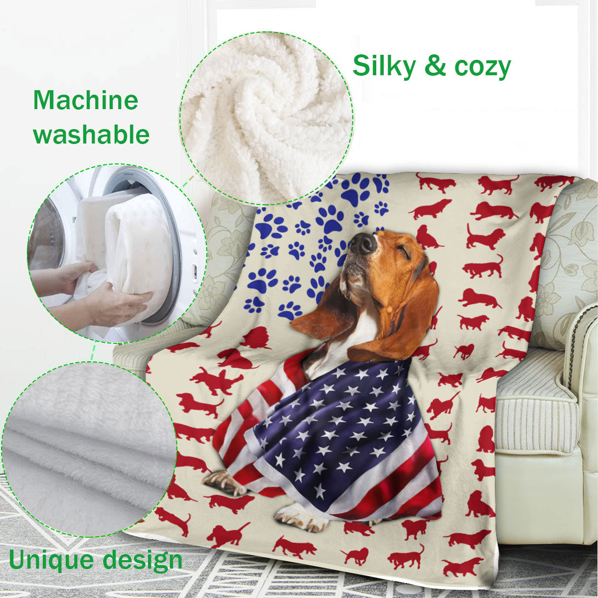 Ohaprints-Fleece-Sherpa-Blanket-Basset-Hound-American-Flag-Dog-Lover-Gift-Soft-Throw-Blanket-1097-Fleece Blanket