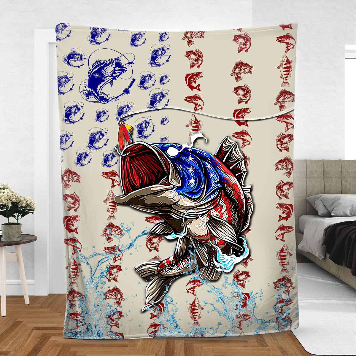 Ohaprints-Fleece-Sherpa-Blanket-Fishing-Fisherman-Big-Bass-Fish-American-Flag-Gift-Soft-Throw-Blanket-391-Sherpa Blanket