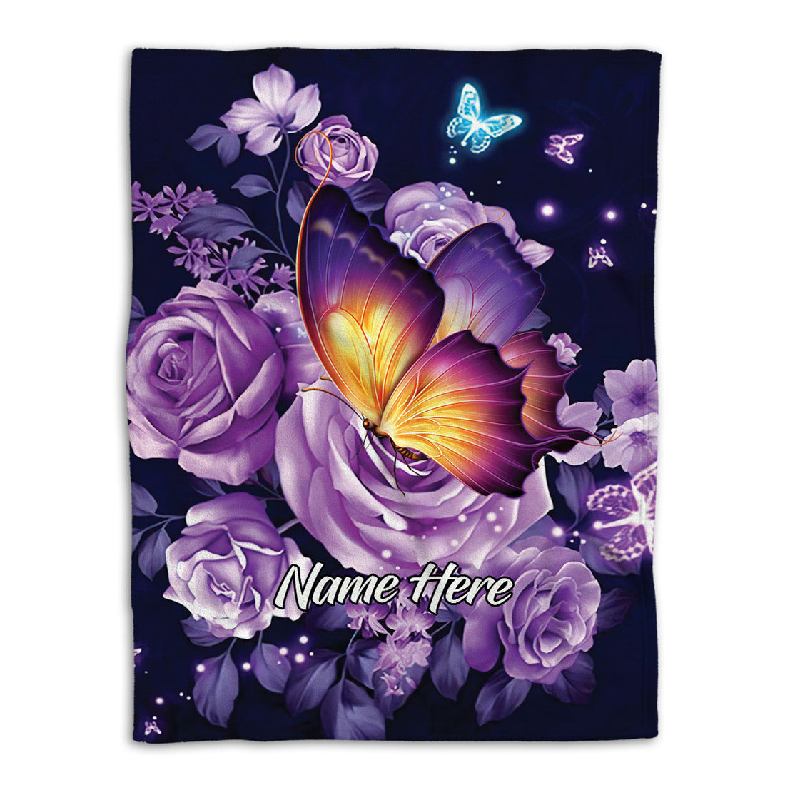 Ohaprints-Fleece-Sherpa-Blanket-Beautiful-Purple-Butterfly-&-Rose-Flower-Custom-Personalized-Name-Soft-Throw-Blanket-369-Fleece Blanket