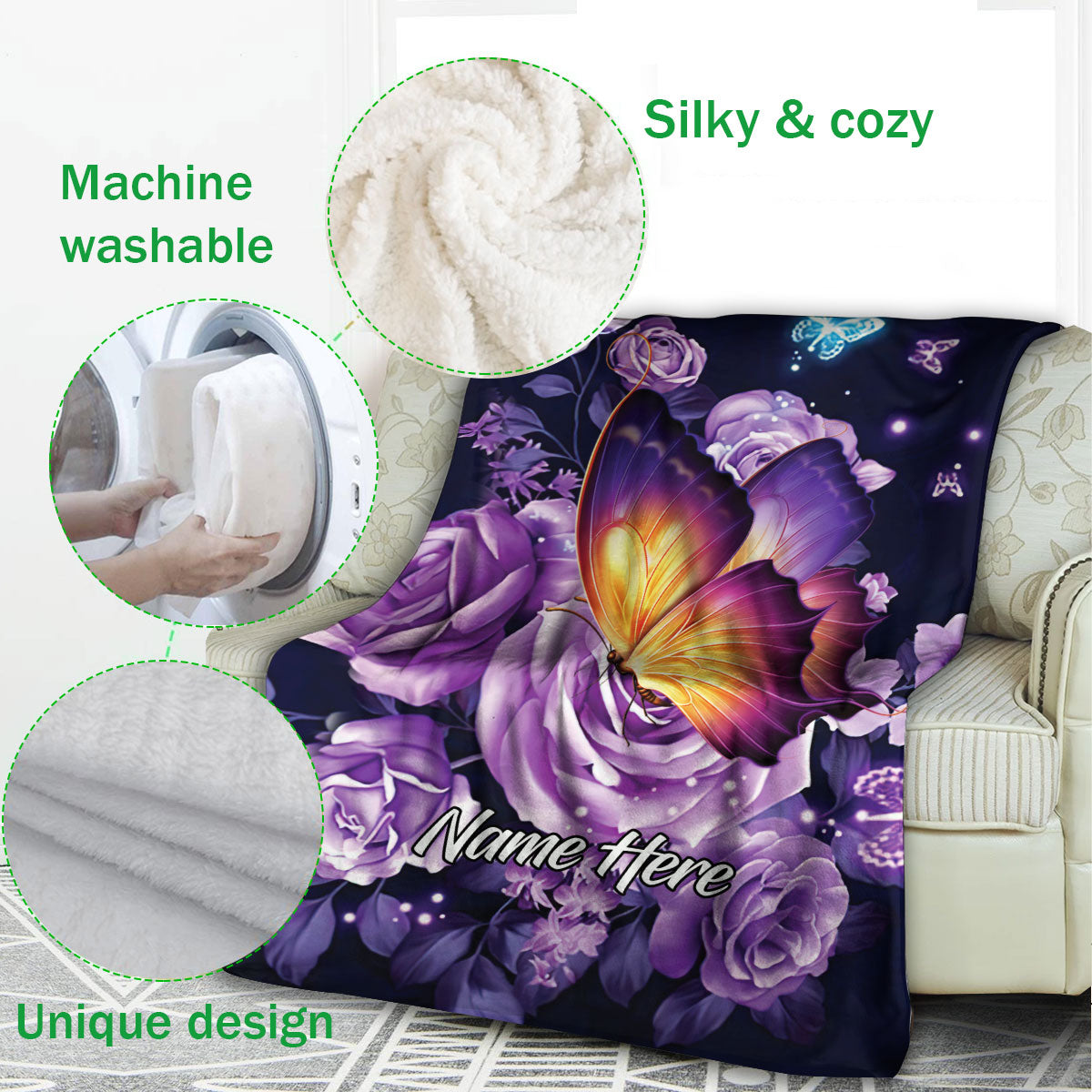 Ohaprints-Fleece-Sherpa-Blanket-Beautiful-Purple-Butterfly-&-Rose-Flower-Custom-Personalized-Name-Soft-Throw-Blanket-369-Fleece Blanket