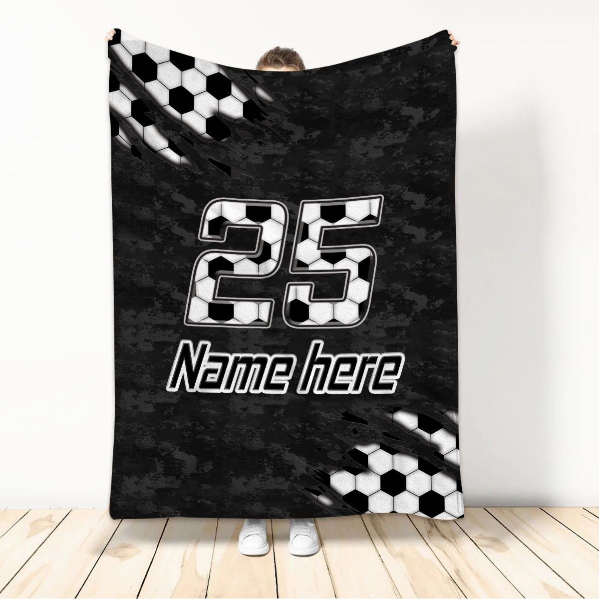 Ohaprints-Fleece-Sherpa-Blanket-Soccer-B&W-Ball-Pattern-Black-Camo-Custom-Personalized-Name-Number-Soft-Throw-Blanket-1151-Fleece Blanket