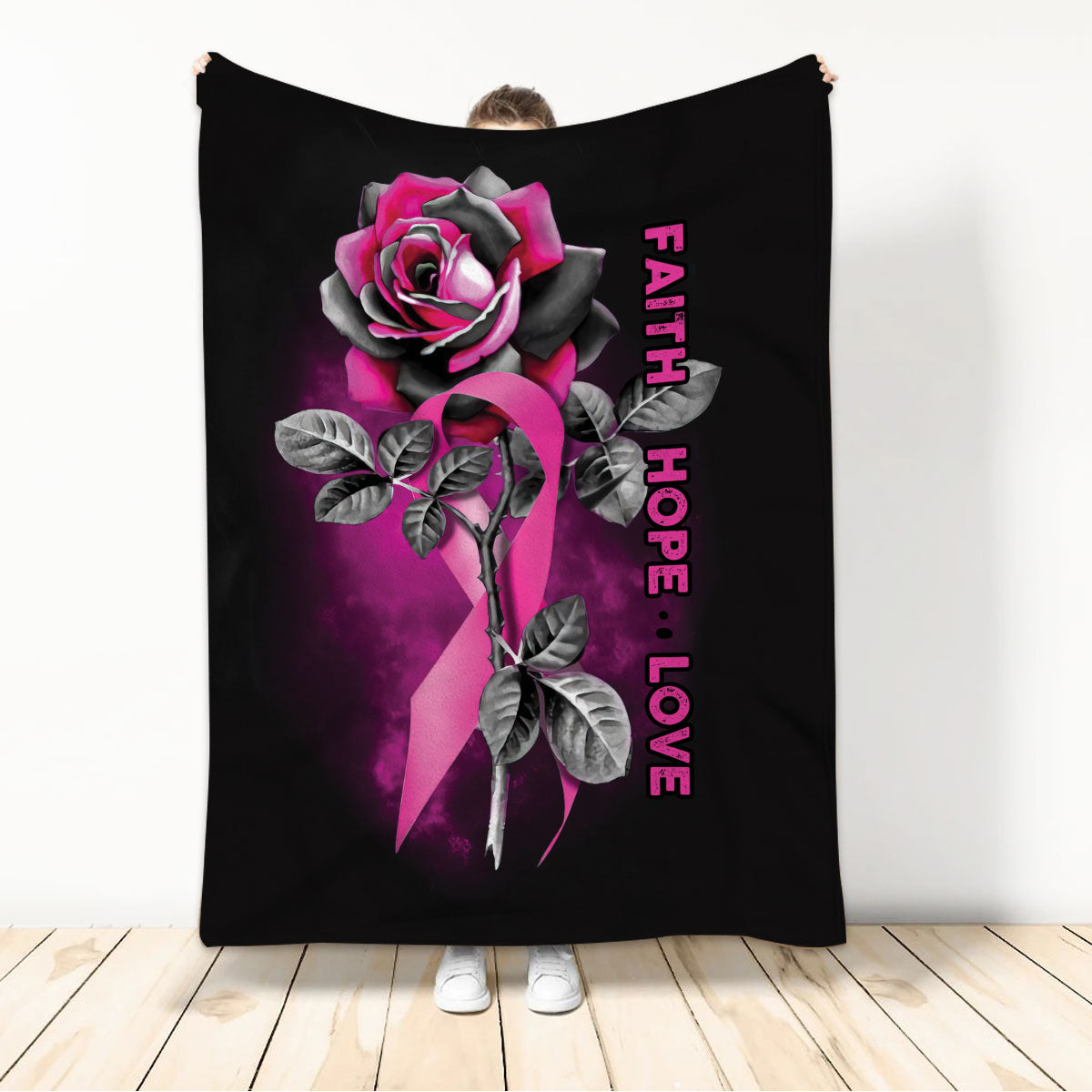 Ohaprints-Fleece-Sherpa-Blanket-Breast-Cancer-Awareness-Faith-Hope-Love-Pink-Rose-Get-Well-Soon-Gift-Soft-Throw-Blanket-459-Sherpa Blanket