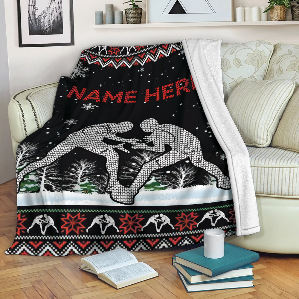 Ohaprints-Fleece-Sherpa-Blanket-Christmas-Wrestling-Lover-Wrestler-Ugly-Pattern-Custom-Personalized-Name-Soft-Throw-Blanket-1935-Fleece Blanket