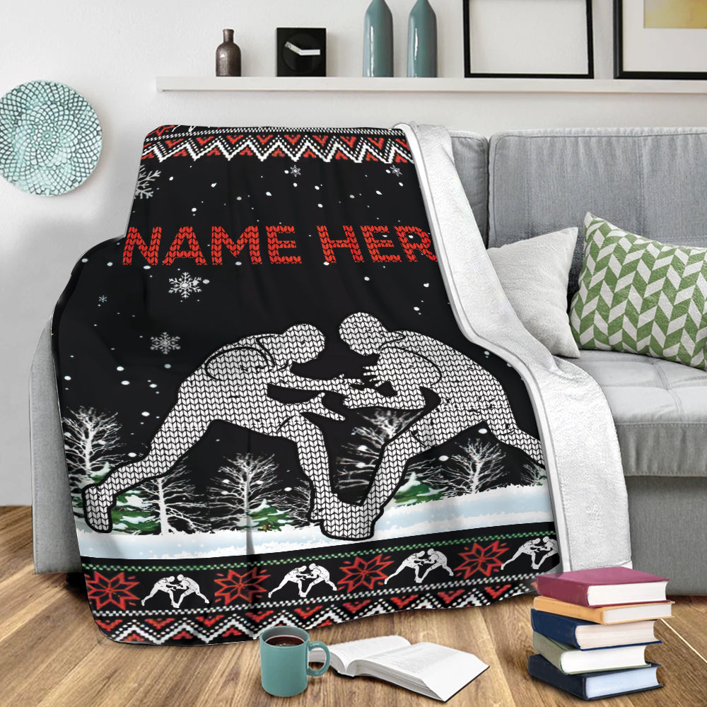 Ohaprints-Fleece-Sherpa-Blanket-Christmas-Wrestling-Lover-Wrestler-Ugly-Pattern-Custom-Personalized-Name-Soft-Throw-Blanket-1935-Sherpa Blanket