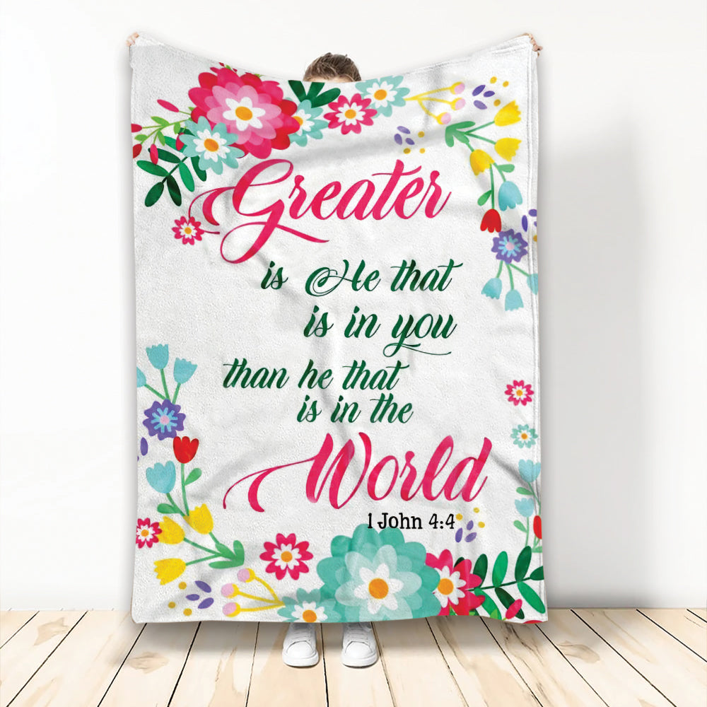 Ohaprints-Fleece-Sherpa-Blanket-Greater-Is-He-John-4:4-God-Jesus-Bible-Verse-Christian-Flower-White-Soft-Throw-Blanket-2145-Fleece Blanket