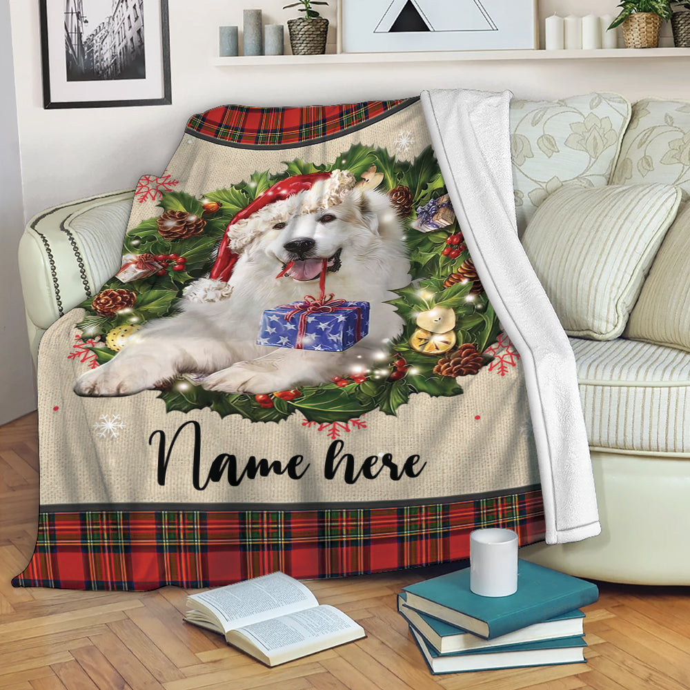 Ohaprints-Fleece-Sherpa-Blanket-Great-Pyrenees-Wearing-Christmas-Hat-Wreath-Custom-Personalized-Name-Soft-Throw-Blanket-1942-Fleece Blanket