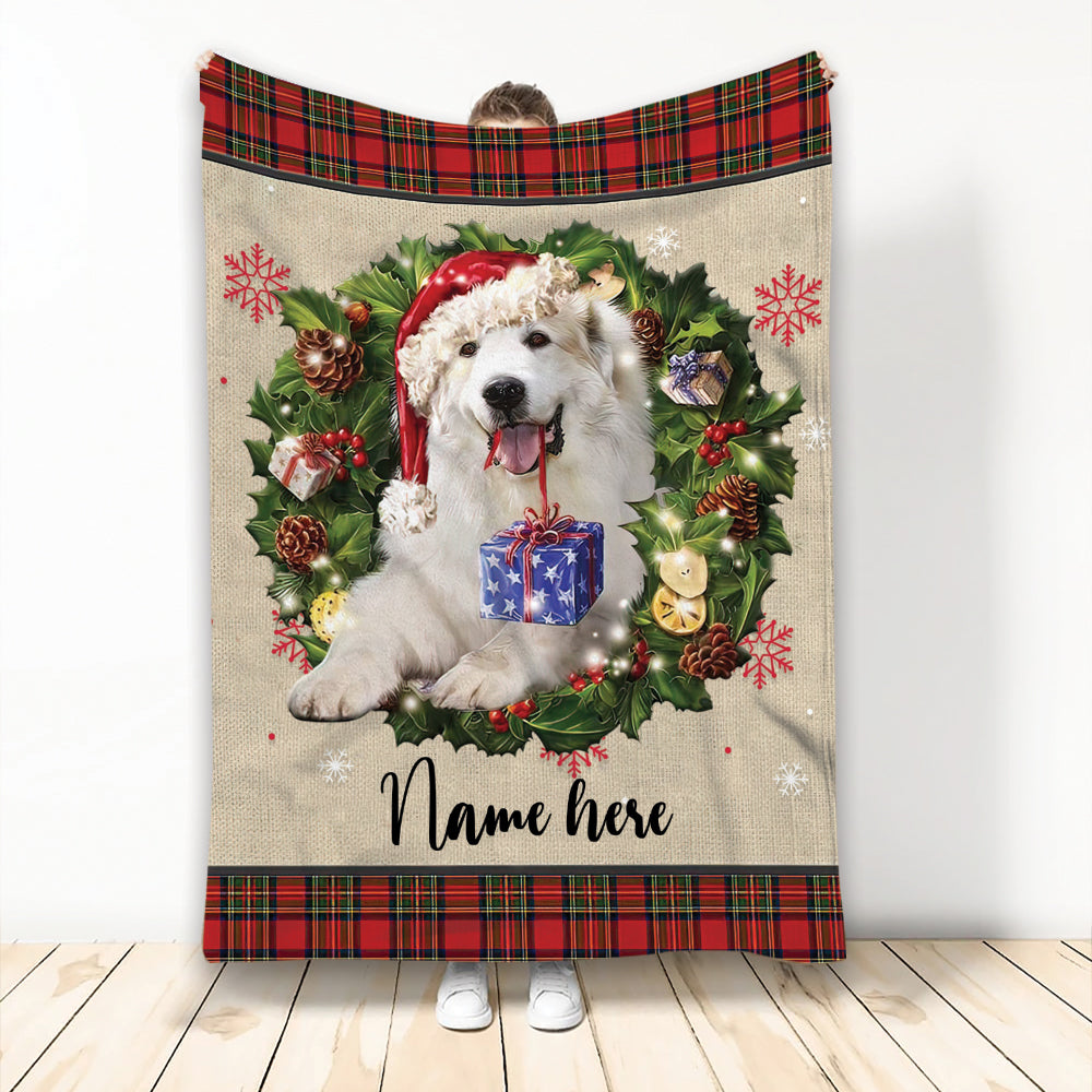 Ohaprints-Fleece-Sherpa-Blanket-Great-Pyrenees-Wearing-Christmas-Hat-Wreath-Custom-Personalized-Name-Soft-Throw-Blanket-1942-Fleece Blanket