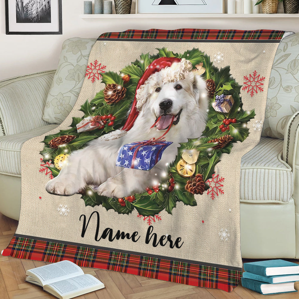 Ohaprints-Fleece-Sherpa-Blanket-Great-Pyrenees-Wearing-Christmas-Hat-Wreath-Custom-Personalized-Name-Soft-Throw-Blanket-1942-Sherpa Blanket