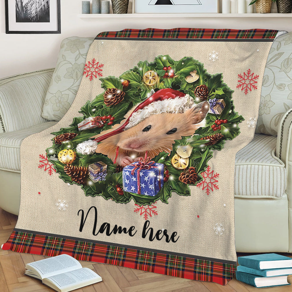 Ohaprints-Fleece-Sherpa-Blanket-Hamster-Wearing-Christmas-Hat-Wreath-Custom-Personalized-Name-Soft-Throw-Blanket-1943-Sherpa Blanket