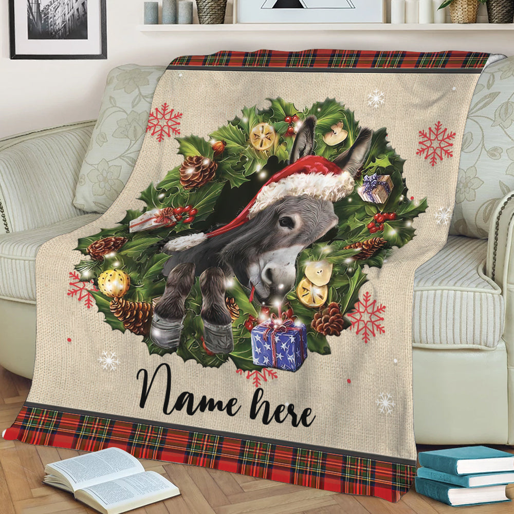 Ohaprints-Fleece-Sherpa-Blanket-Donkey-Wearing-Christmas-Hat-Wreath-Custom-Personalized-Name-Soft-Throw-Blanket-1944-Sherpa Blanket