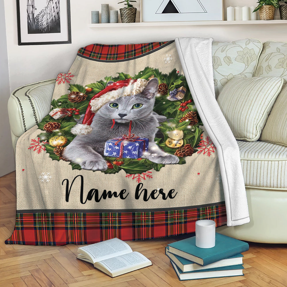 Ohaprints-Fleece-Sherpa-Blanket-Russian-Blue-Wearing-Christmas-Hat-Wreath-Custom-Personalized-Name-Soft-Throw-Blanket-1945-Fleece Blanket