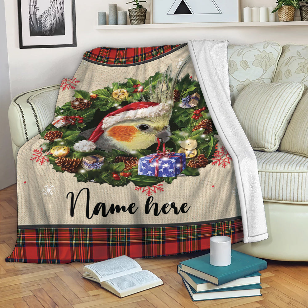 Ohaprints-Fleece-Sherpa-Blanket-Cockatiel-Wearing-Christmas-Hat-Wreath-Custom-Personalized-Name-Soft-Throw-Blanket-1946-Fleece Blanket