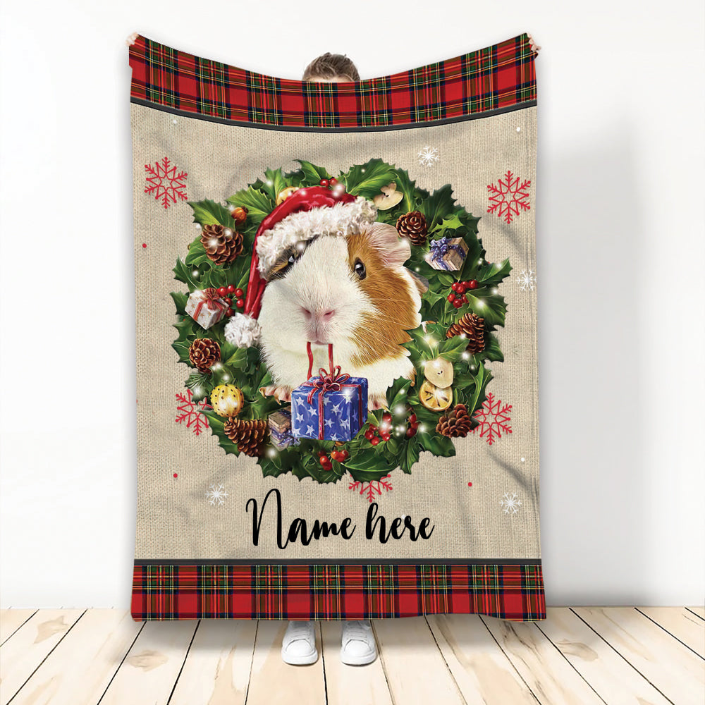 Ohaprints-Fleece-Sherpa-Blanket-Guinea-Pig-Wearing-Christmas-Hat-Wreath-Custom-Personalized-Name-Soft-Throw-Blanket-1947-Fleece Blanket