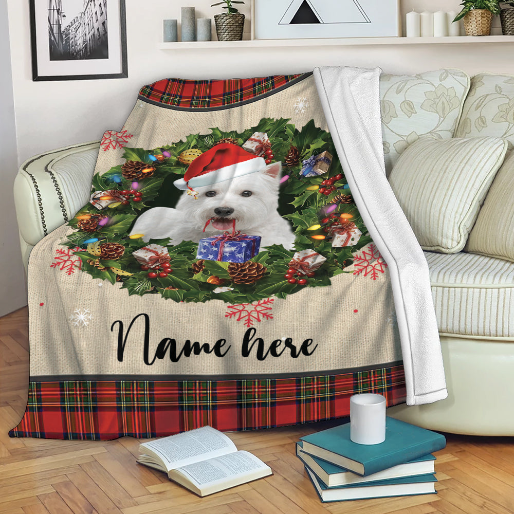 Ohaprints-Fleece-Sherpa-Blanket-West-Highland-Wearing-Christmas-Hat-Wreath-Custom-Personalized-Name-Soft-Throw-Blanket-1949-Fleece Blanket