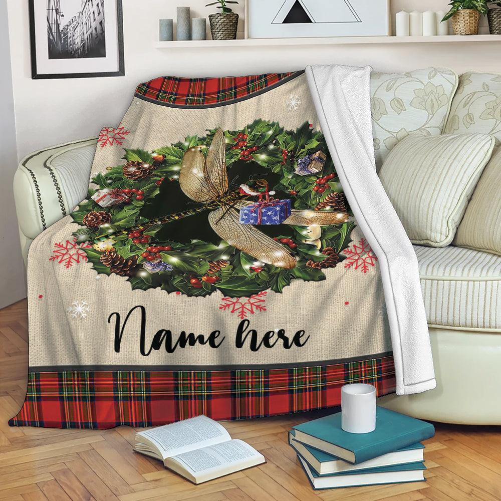 Ohaprints-Fleece-Sherpa-Blanket-Dragonfly-Wearing-Christmas-Hat-Wreath-Custom-Personalized-Name-Soft-Throw-Blanket-1950-Fleece Blanket