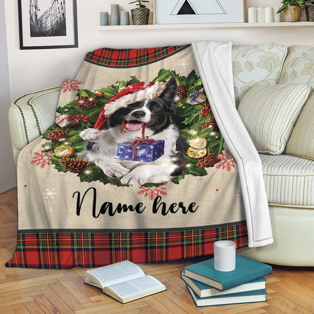 Ohaprints-Fleece-Sherpa-Blanket-Border-Collie-Wearing-Christmas-Hat-Wreaths-Custom-Personalized-Name-Soft-Throw-Blanket-1952-Fleece Blanket