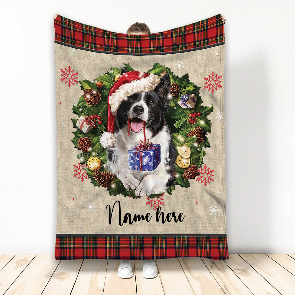 Ohaprints-Fleece-Sherpa-Blanket-Border-Collie-Wearing-Christmas-Hat-Wreaths-Custom-Personalized-Name-Soft-Throw-Blanket-1952-Fleece Blanket