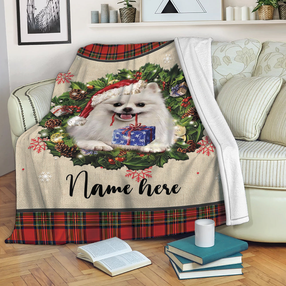 Ohaprints-Fleece-Sherpa-Blanket-White-Pomeranian-Wearing-Christmas-Hat-Wreath-Custom-Personalized-Name-Soft-Throw-Blanket-1953-Fleece Blanket