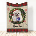 Ohaprints-Fleece-Sherpa-Blanket-White-Pomeranian-Wearing-Christmas-Hat-Wreath-Custom-Personalized-Name-Soft-Throw-Blanket-1953-Fleece Blanket