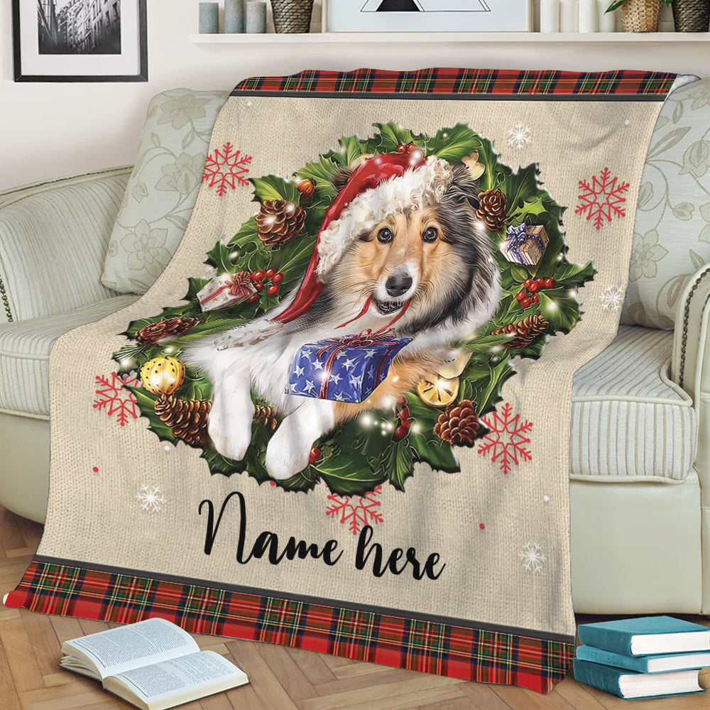 Ohaprints-Fleece-Sherpa-Blanket-Rough-Collie-Wearing-Christmas-Hat-Wreath-Custom-Personalized-Name-Soft-Throw-Blanket-1954-Sherpa Blanket