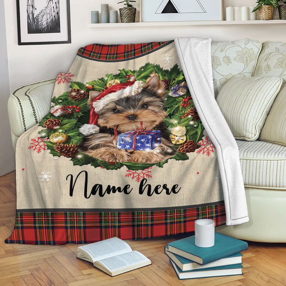 Ohaprints-Fleece-Sherpa-Blanket-Yorkshire-Terrier-Wearing-Christmas-Hat-Wreath-Custom-Personalized-Name-Soft-Throw-Blanket-1955-Fleece Blanket