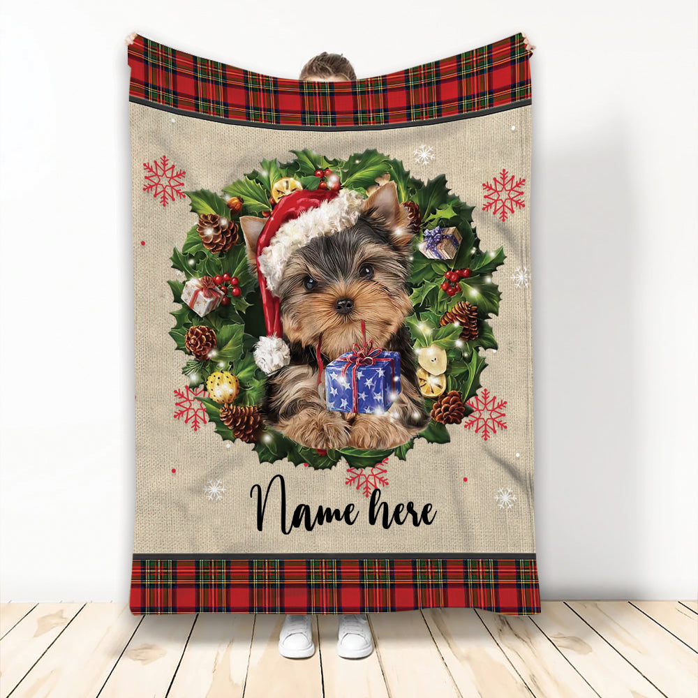 Ohaprints-Fleece-Sherpa-Blanket-Yorkshire-Terrier-Wearing-Christmas-Hat-Wreath-Custom-Personalized-Name-Soft-Throw-Blanket-1955-Fleece Blanket