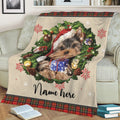 Ohaprints-Fleece-Sherpa-Blanket-Yorkshire-Terrier-Wearing-Christmas-Hat-Wreath-Custom-Personalized-Name-Soft-Throw-Blanket-1955-Sherpa Blanket