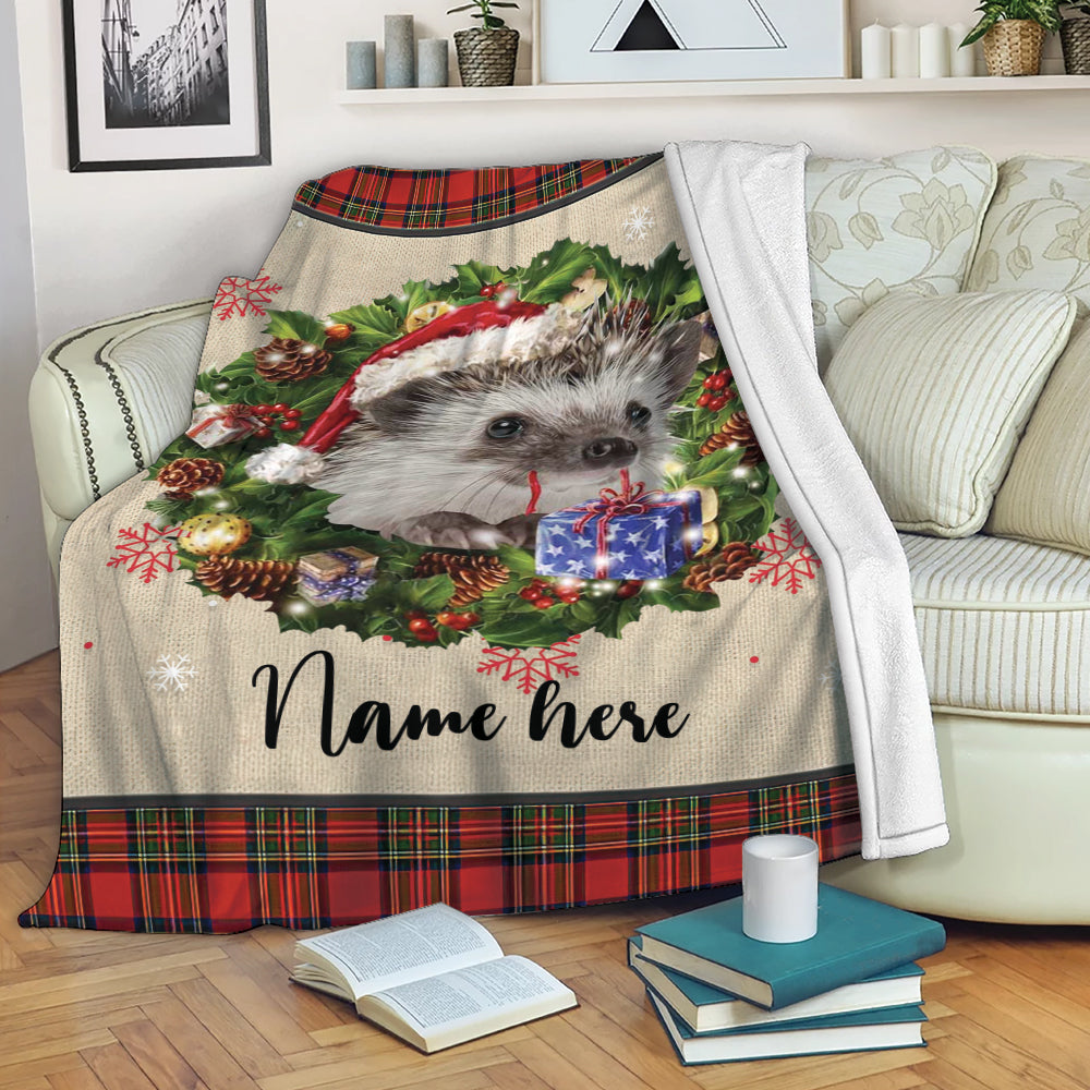 Ohaprints-Fleece-Sherpa-Blanket-Hedgehog-Wearing-Christmas-Hat-Wreath-Custom-Personalized-Name-Soft-Throw-Blanket-1956-Fleece Blanket