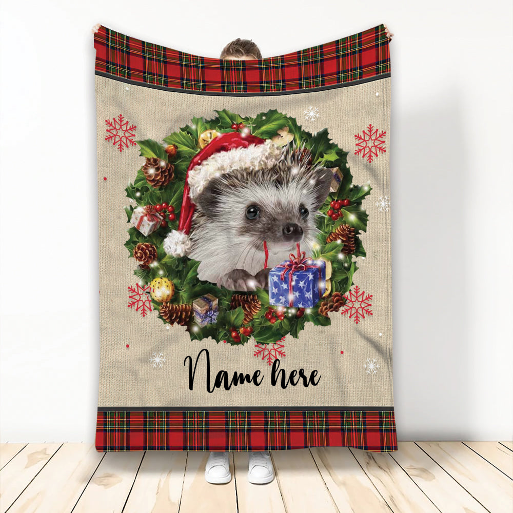 Ohaprints-Fleece-Sherpa-Blanket-Hedgehog-Wearing-Christmas-Hat-Wreath-Custom-Personalized-Name-Soft-Throw-Blanket-1956-Fleece Blanket