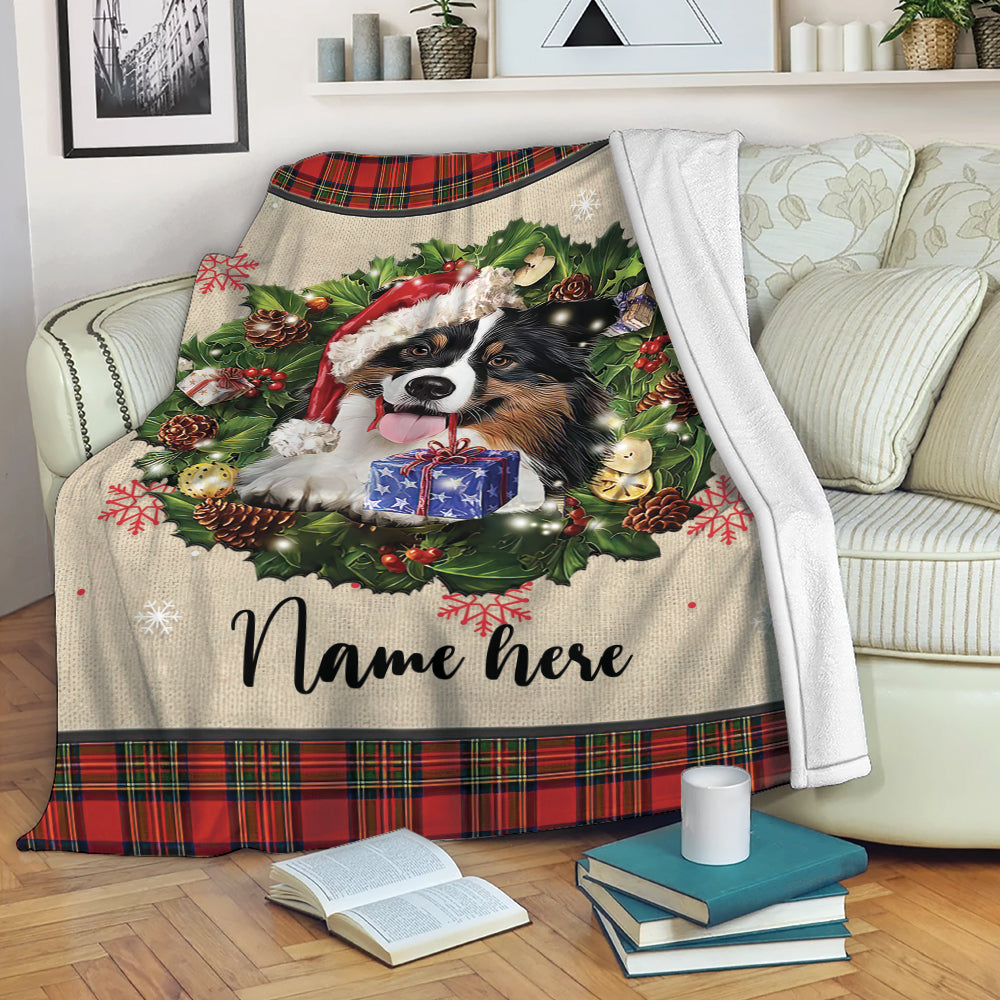 Ohaprints-Fleece-Sherpa-Blanket-Border-Collie-Wearing-Christmas-Hat-Wreath-Custom-Personalized-Name-Soft-Throw-Blanket-1958-Fleece Blanket